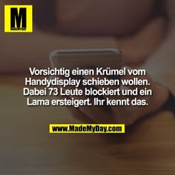 Vorsichtig einen Krümel vom
Handydisplay schieben wollen.
Dabei 73 Leute blockiert und ein
Lama ersteigert. Ihr kennt da