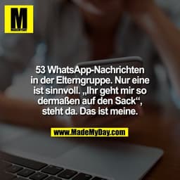 53 WhatsApp-Nachrichten
in der Elterngruppe. Nur eine
ist sinnvoll. „Ihr geht mir so
dermaßen auf den Sack“,
steht da. D
