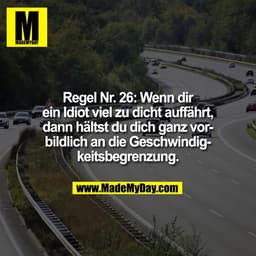 Regel Nr. 26: Wenn dir
ein Idiot viel zu dicht auffährt,
dann hältst du dich ganz vor-
bildlich an die Geschwindig-
keit