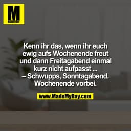 Kenn ihr das, wenn ihr euch
ewig aufs Wochenende freut
und dann Freitagabend einmal
kurz nicht aufpasst ...
– Schwup