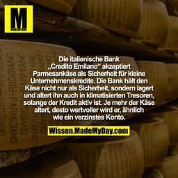 Die italienische Bank „Credito Emilano“ akzeptiert Parmesankäse als Sicherheit für kleine Unternehmenskredite. Die Bank 
