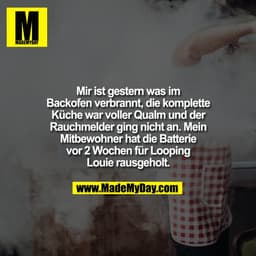 Mir ist gestern was im
Backofen verbrannt, die komplette
Küche war voller Qualm und der
Rauchmelder ging nicht an. Me