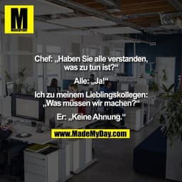 Chef: „Haben Sie alle verstanden,
was zu tun ist?“

Alle: „Ja!“

Ich zu meinem Lieblingskollegen:
„Was müssen wir machen