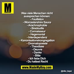 "Was viele Menschen nicht
aussprechen können:
- Feuilleton
- Worcestershire Sauce
- Arachnophobie
- Bredouille
- Connais