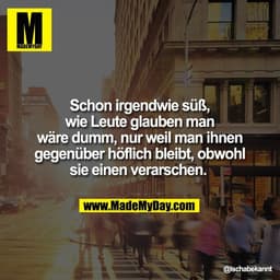 Schon irgendwie süß,
wie Leute glauben man
wäre dumm, nur weil man ihnen
gegenüber höflich bleibt, obwohl
sie einen vera