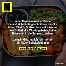 In der Brotdose meiner Kinder
befand sich heute geschnittene Paprika,
Apfel, Pfirsich, Vollkornbrot mit Käse und
ein But