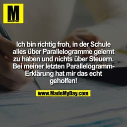 Ich bin richtig froh, in der Schule
alles über Parallelogramme gelernt
zu haben und nichts über Steuern.
Bei meiner letz