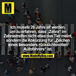 Ich musste 26 Jahre alt werden,
um zu erfahren, dass „Zebra“ im
Zebrastreifen nicht etwa das Tier meint,
sondern die Abk
