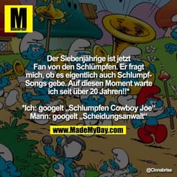 Der Siebenjährige ist jetzt
Fan von den Schlümpfen. Er fragt
mich, ob es eigentlich auch Schlumpf-
Songs gebe. Auf diese