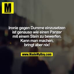 Ironie gegen Dumme einzusetzen
ist genauso wie einen Panzer
mit einem Stein zu bewerfen.
Kann man machen,
bringt aber ni
