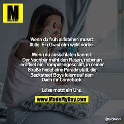 Wenn du früh aufstehen musst:
Stille. Ein Grashalm weht vorbei.

Wenn du ausschlafen kannst:
Der Nachbar mäht den Rasen,