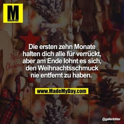 Die ersten zehn Monate
halten dich alle für verrückt,
aber am Ende lohnt es sich,
den Weihnachtsschmuck
nie entfernt zu 