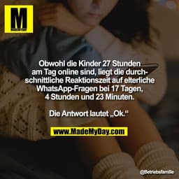 Obwohl die Kinder 27 Stunden
am Tag online sind, liegt die durch-
schnittliche Reaktionszeit auf elterliche
WhatsApp-Fra