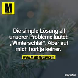 Die simple Lösung all
unserer Probleme lautet:
„Winterschlaf“. Aber auf
mich hört ja keiner.