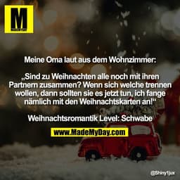 Meine Oma laut aus dem Wohnzimmer:

„Sind zu Weihnachten alle noch mit ihren
Partnern zusammen? Wenn sich welche trennen