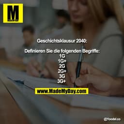 Geschichtsklausur 2040:

Definieren Sie die folgenden Begriffe:
1G
1G+
2G
2G+
3G
3G+