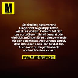 Sei dankbar, dass manche
Dinge nicht so geklappt haben,
wie du es wolltest. Vielleicht hat dich
das vor größerem Unheil 