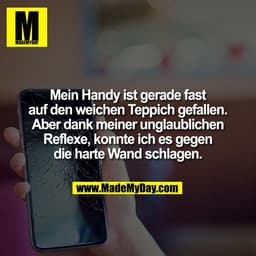 Mein Handy ist gerade fast
auf den weichen Teppich gefallen.
Aber dank meiner unglaublichen
Reflexe, konnte ich es gegen