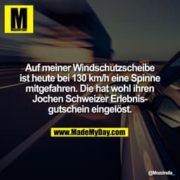 Auf meiner Windschutzscheibe
ist heute bei 130 km/h eine Spinne
mitgefahren. Die hat wohl ihren
Jochen Schweizer Erlebni