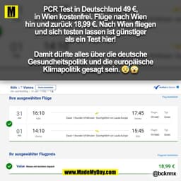 PCR Test in Deutschland 49 €,
in Wien kostenfrei. Flüge nach Wien
hin und zurück 18,99 €. Nach Wien fliegen
und sich tes