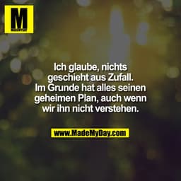 Ich glaube, nichts
geschieht aus Zufall.
Im Grunde hat alles seinen
geheimen Plan, auch wenn
wir ihn nicht verstehen.
