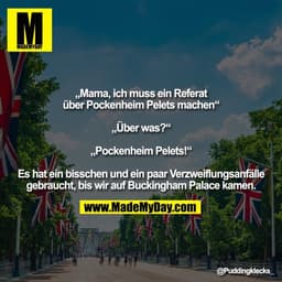 „Mama, ich muss ein Referat
über Pockenheim Pelets machen“

„Über was?“

„Pockenheim Pelets!“

Es hat ein bisschen und e