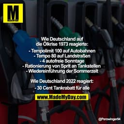 Wie Deutschland auf
die Ölkrise 1973 reagierte:
- Tempolimit 100 auf Autobahnen
- Tempo 80 auf Landstraßen
- 4 autofreie