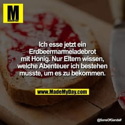 Ich esse jetzt ein
Erdbeermarmeladebrot
mit Honig. Nur Eltern wissen,
welche Abenteuer ich bestehen
musste, um es zu bek
