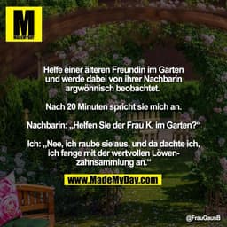 Helfe einer älteren Freundin im Garten
und werde dabei von ihrer Nachbarin
argwöhnisch beobachtet. 

Nach 20 Minuten spr