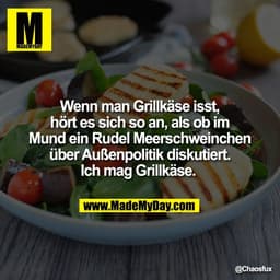 Wenn man Grillkäse isst,
hört es sich so an, als ob im
Mund ein Rudel Meerschweinchen
über Außenpolitik diskutiert.
Ich 