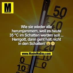 Wie sie wieder alle
herumjammern, weil es heute
35 °C im Schatten werden soll ...
Herrgott, dann geht halt nicht
in den 