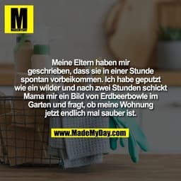 Meine Eltern haben mir
geschrieben, dass sie in einer Stunde
spontan vorbeikommen. Ich habe geputzt
wie ein wilder und n