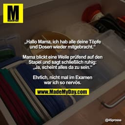 „Hallo Mama, ich hab alle deine Töpfe
und Dosen wieder mitgebracht.“

Mama blickt eine Weile prüfend auf den
Stapel und 