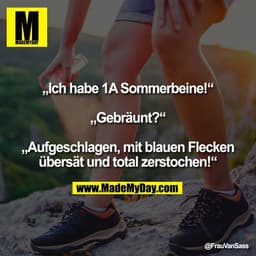 „Ich habe 1A Sommerbeine!“

„Gebräunt?“

„Aufgeschlagen, mit blauen Flecken
übersät und total zerstochen!“