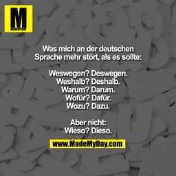 Was mich an der deutschen
Sprache mehr stört, als es sollte:

Weswegen? Deswegen.
Weshalb? Deshalb.
Warum? Darum.
Wofür?