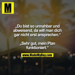 „Du bist so unnahbar und
abweisend, da will man dich
gar nicht erst ansprechen.“

„Sehr gut, mein Plan
funktioniert.“