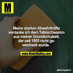Meine starken Abwehrkräfte
verdanke ich dem Tafelschwamm
aus meiner Grundschulzeit,
der seit 1855 nicht ge-
wechselt wur