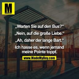 „Warten Sie auf den Bus?“

„Nein, auf die große Liebe.“

„Ah, daher der lange Bart.“

Ich hasse es, wenn jemand
meine Po