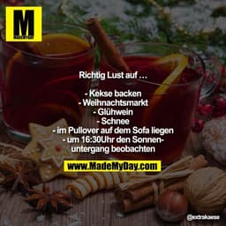 Richtig Lust auf …

- Kekse backen
- Weihnachtsmarkt
- Glühwein
- Schnee
- im Pullover auf dem Sofa liegen
- um 16:30Uhr