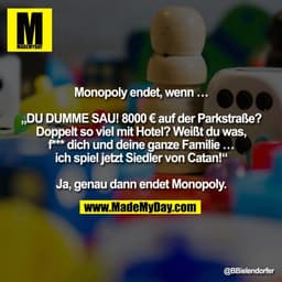 Monopoly endet, wenn …

„DU DUMME SAU! 8000 € auf der Parkstraße?
Doppelt so viel mit Hotel? Weißt du was,
f*** dich und