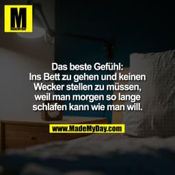 Das beste Gefühl:
Ins Bett zu gehen und keinen
Wecker stellen zu müssen,
weil man morgen so lange
schlafen kann wie man 