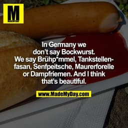 In Germany we
don’t say Bockwurst.
We say Brühp*mmel, Tankstellen-
fasan, Senfpeitsche, Maurerforelle
or Dampfriemen. An