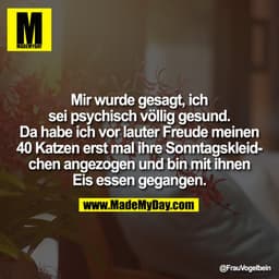 Mir wurde gesagt, ich
sei psychisch völlig gesund.
Da habe ich vor lauter Freude meinen
40 Katzen erst mal ihre Sonntags