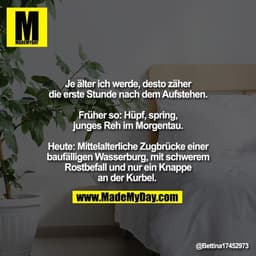 Je älter ich werde, desto zäher
die erste Stunde nach dem Aufstehen.

Früher so: Hüpf, spring,
junges Reh im Morgentau.
