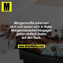 Morgenmuffel erkennen
sich und lassen sich in Ruhe.
Morgenmenschen hingegen
gehen einfach jedem
auf den Sack.