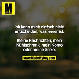 Ich kann mich einfach nicht
entscheiden, was leerer ist.

Meine Nachrichten, mein
Kühlschrank, mein Konto
oder meine See