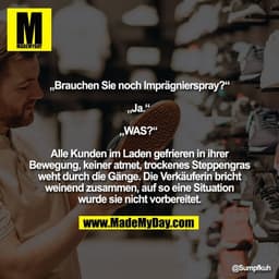 „Brauchen Sie noch Imprägnierspray?“

„Ja.“ 

„WAS?“ 

Alle Kunden im Laden gefrieren in ihrer
Bewegung, keiner atmet, t