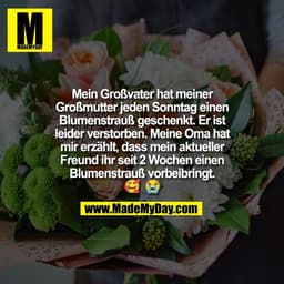 Mein Großvater hat meiner
Großmutter jeden Sonntag einen
Blumenstrauß geschenkt. Er ist
leider verstorben. Meine Oma hat