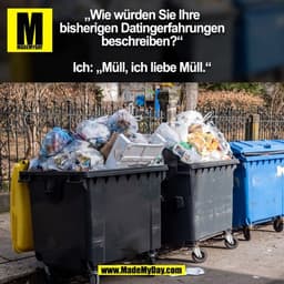 „Wie würden Sie Ihre
bisherigen Datingerfahrungen
beschreiben?“

Ich: „Müll, ich liebe Müll.“

(BILD)