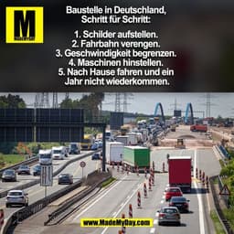 Baustelle in Deutschland, 
Schritt für Schritt: 

1. Schilder aufstellen. 
2. Fahrbahn verengen. 
3. Geschwindigkeit beg